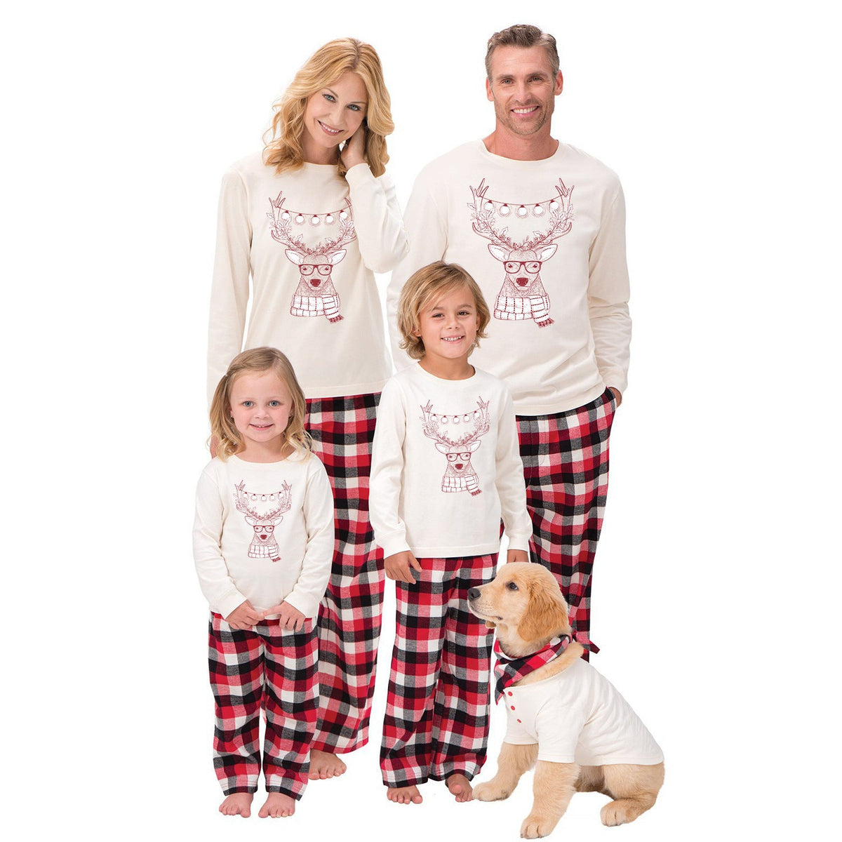 Christmas Family Matching Pajamas Sleepwear Sets Christmas White Deer Top and Red Plaids Pants 2