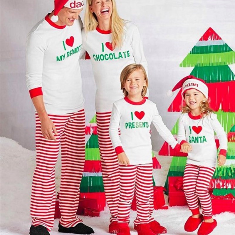 Christmas Family Matching Sleepwear Pajamas Sets Christmas Slogan Heart Love Top and Stripe Pants 2