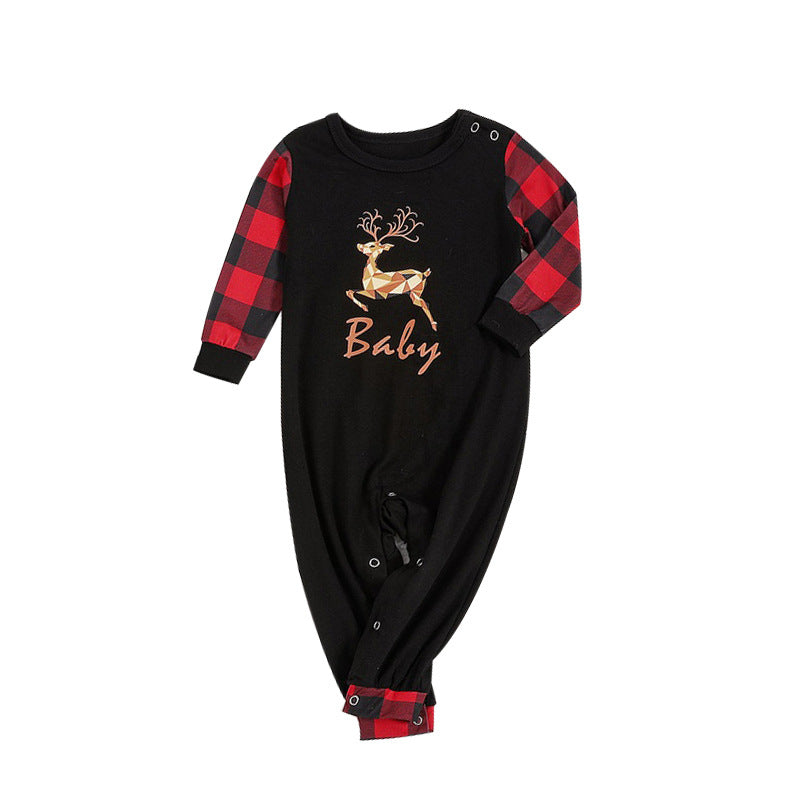 Christmas Family Matching Sleepwear Pajamas Sets Black Deers Top and Red Plaid Pants 4