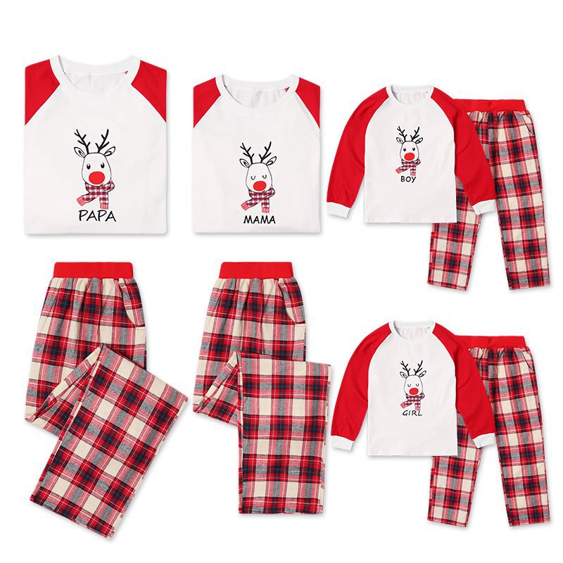 Christmas Family Matching Sleepwear Pajamas Sets Red Deer Top and Plaids Pants 2