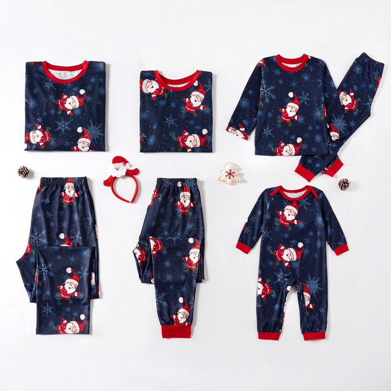 Christmas Family Matching Sleepwear Pajamas Sets Navy Prints Santa Claus Snow Top andPants 2