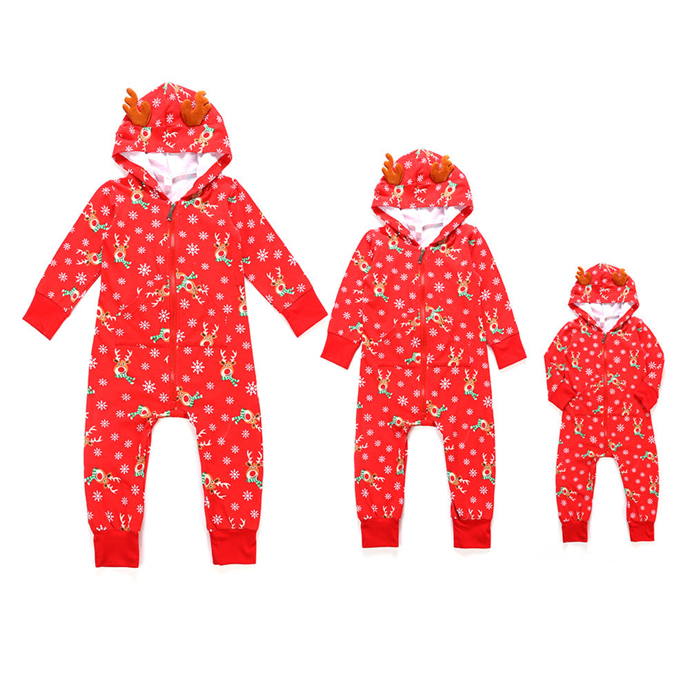 Christmas Family Matching Pajamas Sleepwear Sets Christmas Red Deers Snowflakes Hooded Jumpsuits 4