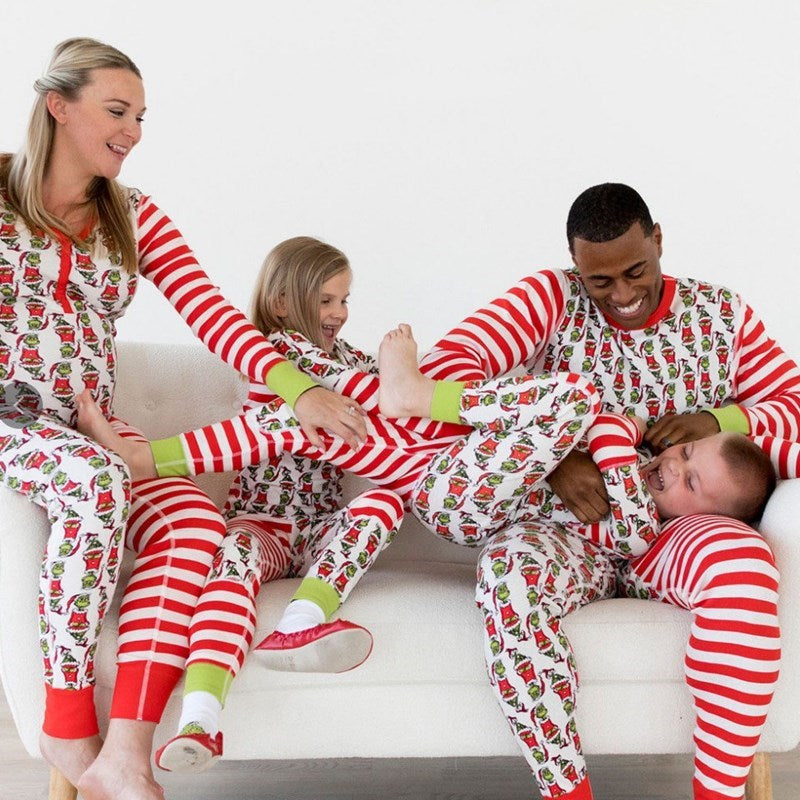 Christmas Family Matching Sleepwear Pajamas Sets White Printing Stripes Top and Pants 2
