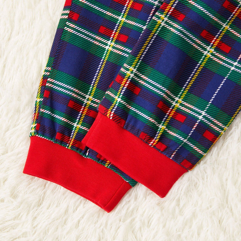 Christmas Family Matching Sleepwear Pajamas Sets Green Slogan Top and Navy Plaids Pants 10