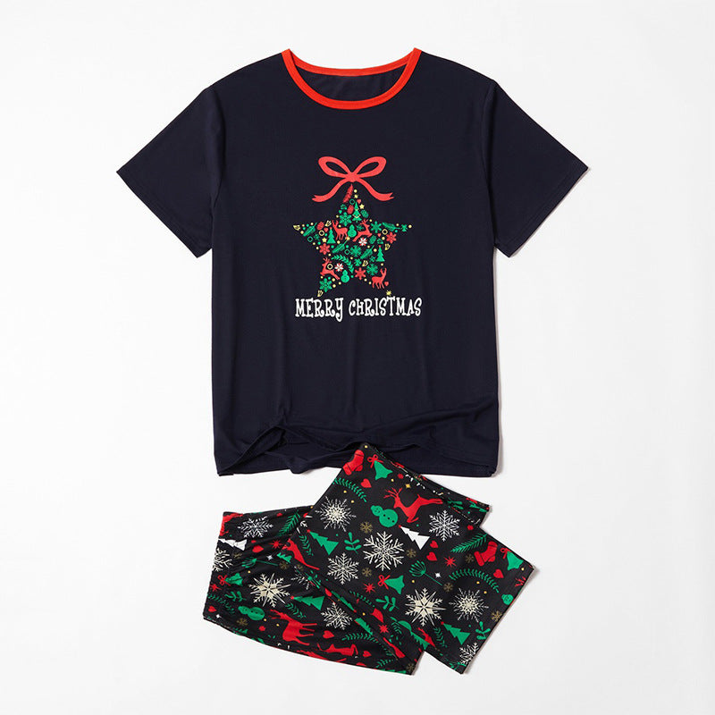Christmas Family Matching Sleepwear Pajamas Sets Snowflake Star Bowknot Top and Deers Trees Pants 4