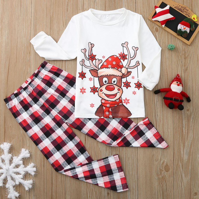 Christmas Family Matching Sleepwear Pajamas Sets Deers Plaid Snow Top and Red Pants 36