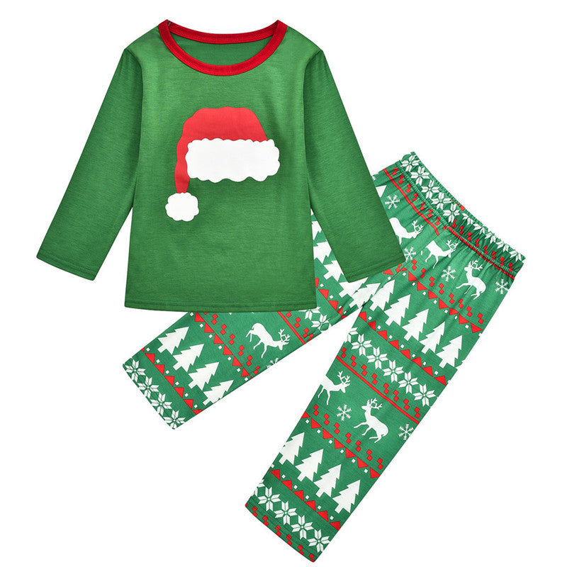 Christmas Family Matching Sleepwear Pajamas Sets Green Christmas Hat Top and Deers Trees Pants 4