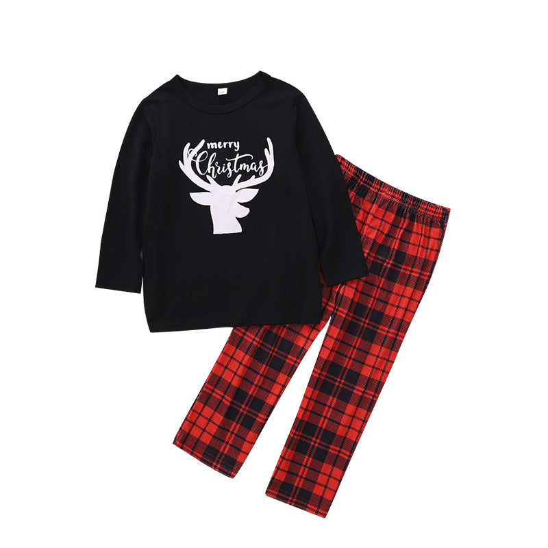 Christmas Family Matching Sleepwear Pajamas Sets Black Deers Top and Red Plaids Pants 10