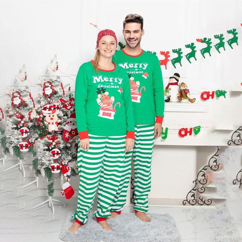 Christmas Family Matching Sleepwear Pajamas Sets Green Deer Top and Stripes Pants 4