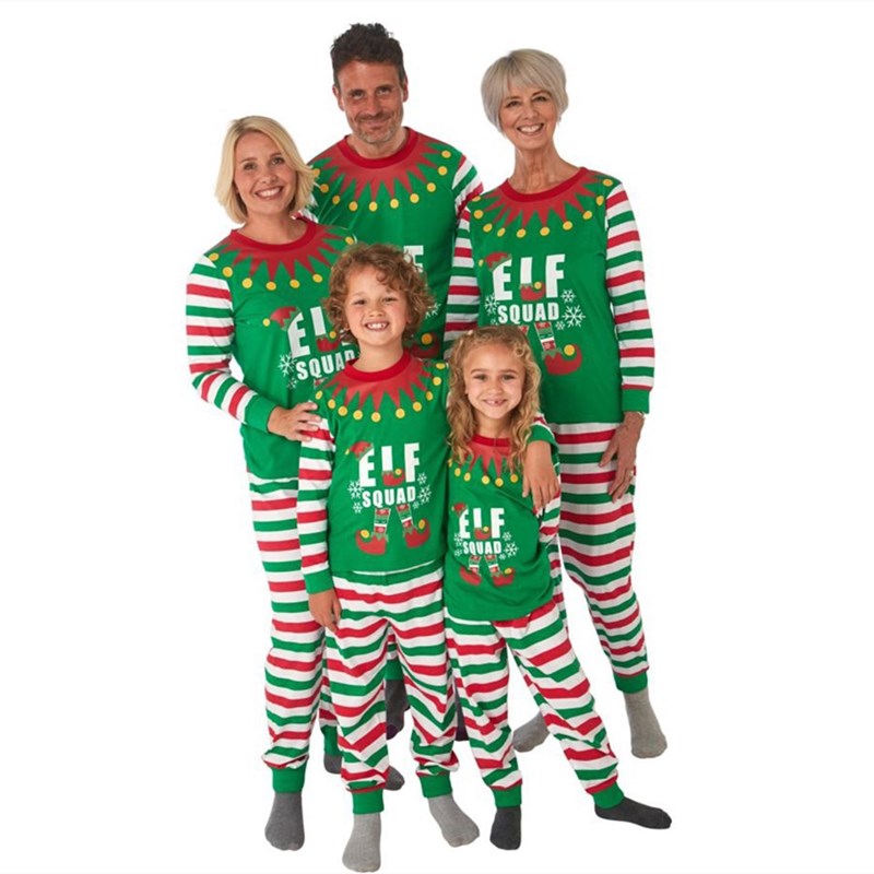 Christmas Family Matching Sleepwear Pajamas Sets Green ELF SQUAD Top and Stripes Pants 12