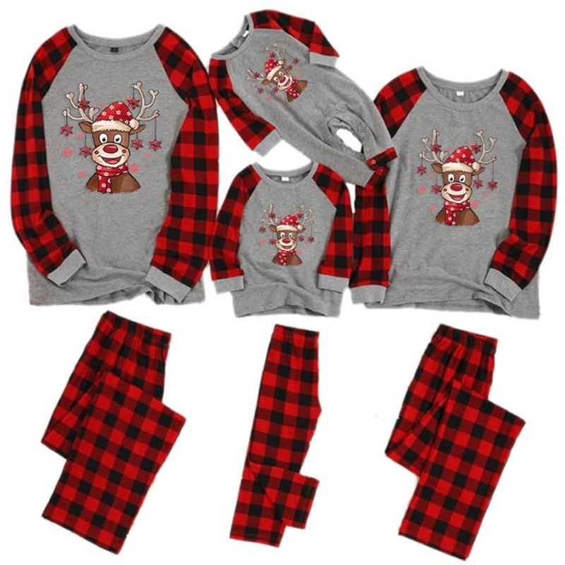 Christmas Family Matching Sleepwear Pajamas Sets Deers Plaid Snow Top and Red Pants 28