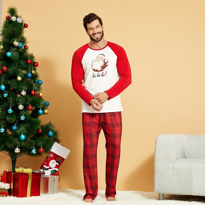 Christmas Family Matching Sleepwear Pajamas Sets Hohoho Santa Claus Top and Red Plaids Pants 4
