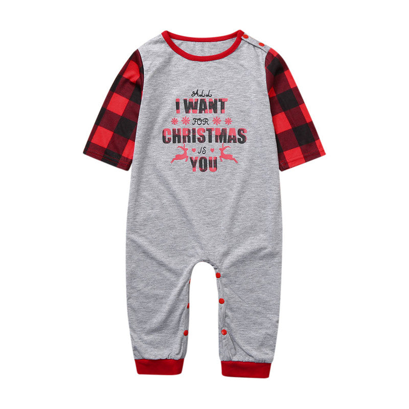 Christmas Family Matching Sleepwear Pajamas Sets Grey Slogan Top and Red Plaid Pants 4