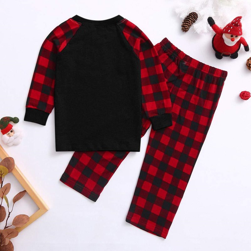 Christmas Family Matching Sleepwear Pajamas Sets Black Trees Top and Red Plaid Pants 6