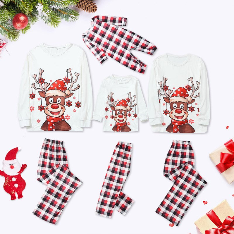 Christmas Family Matching Sleepwear Pajamas Sets Deers Plaid Snow Top and Red Pants 2