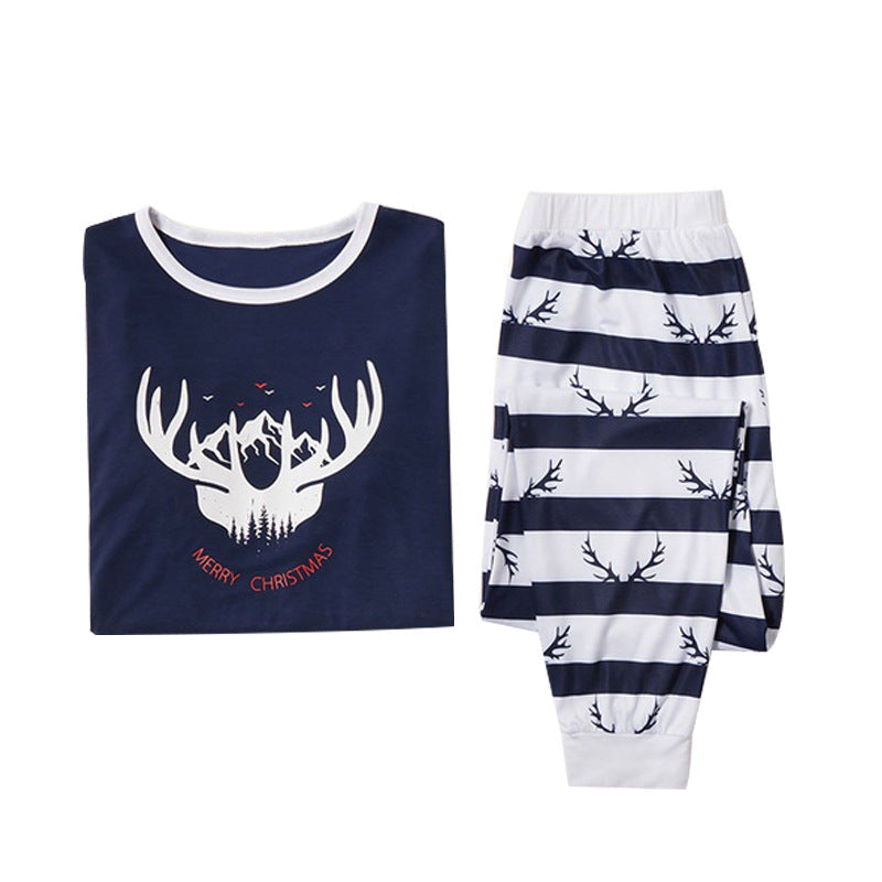 Christmas Family Matching Sleepwear Pajamas Sets Deer Horn Top and Blue Stripes Pants 10
