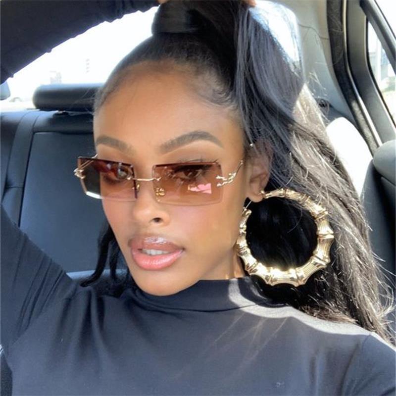 Rimless Sunglasses Rectangle Fashion Popular Women Men Shades Small Square Sun Glasses For Female Summer Traveling Brown Oculos